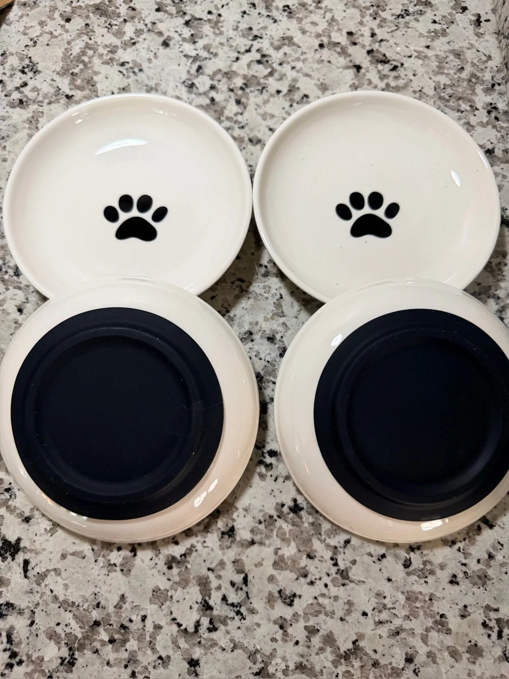 4 pack White Ceramic Cat Bowl with Black Paw Print - Non-Slip Pet Dish